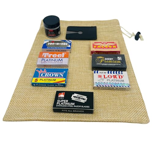 Gents Double Edge Safety Razor Blade Collection Variety Pack 50 Count ? Platinum Double Edge Blades Fits All Razors + Styptic Powder Stops Bleeding + Leather Razor Sleeve ? Men¡¯s Wet Shaving