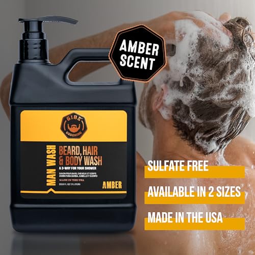 GIBS Grooming Amber 3 in 1 Body Wash For Men, Beard & Hair Moisturizing and Cleansing Liquid Body Wash Liter - Sulfate and Paraben Free