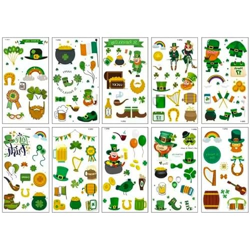 10 Sheets St Patrick's Day Tattoos,Temporary Tattoo Shamrock Assorted Face Body Sticker,for Saint Patrick's Day Decoration Irish Clover Themed Party Supplies