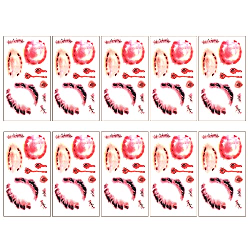 10 Sheets Halloween Zombie Makeup Temporary Tattoos, Realistic Fake Scar Bloody Wound Stitch Tattoo Stickers Waterproof for Halloween Party Cosplay