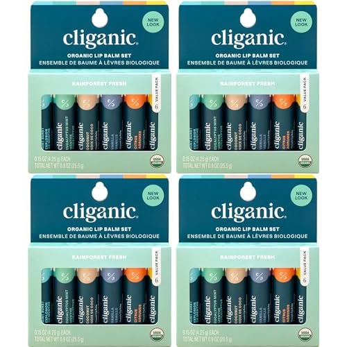 Cliganic Organic Lip Balm Set (4 Packs of 6 Tubes), 100% Natural Moisturizer for Cracked & Dry Lips