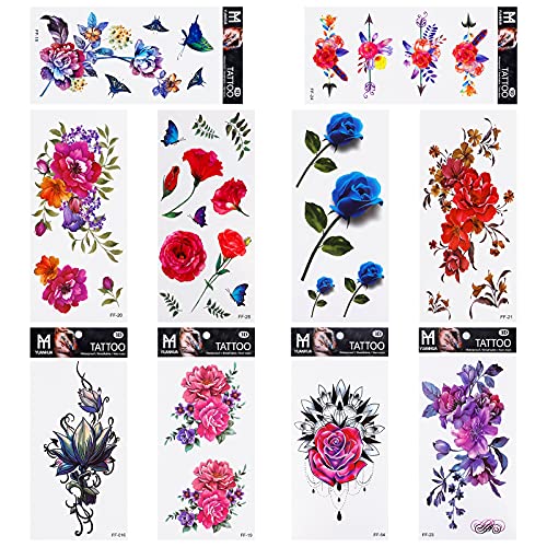 20 Sheets Temporary Tattoos Mixed Style Mixed Color Rose Flowers Collection for Women Men Kids Body Art