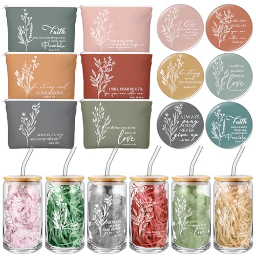 Fumete 6 Set Christian Gifts Bulk Religious Makeup Bag Bible Verse Glass Cup Mini Christian Compact Mirror Regalos Cristianos for Womens History Month Mothers Day Birthday Church Gifts (Bright Colors)