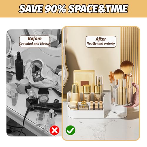 DASITON Large Capacity Makeup Organizer with 360¡Æ Rotating Makeup Brush Holder, Perfume and Skincare Storage Organizers for Vanity Bathroom Countertop, Cosmetic Display Case (White, 1 Tier)