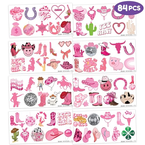 Cowgirl Temporary Tattoos Birthday Party Supplies Decorations 96PCS Tattoos Stickers Super Cute Party Favors Kids Boys Girls Gifts Ideas Classroom School Prizes Themed, Pink (Version 1)