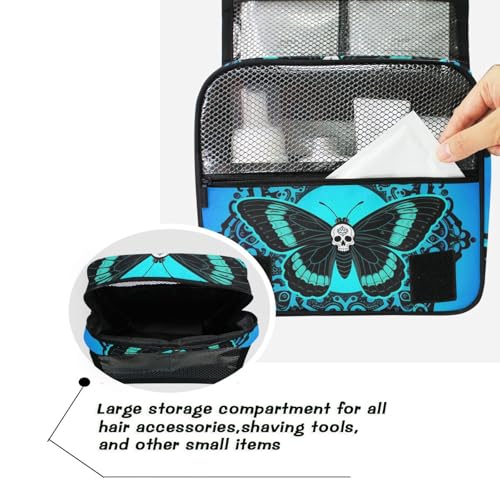 Hanging Toiletry Bag for Women Skull Butterfly Blue Makeup Bag Travel Essentials Toiletries Organizer Bag Gothic Skeleton Map Portable Cosmetic Bag