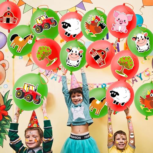 72 PCS Farm Party Favors ? 48 Pre-Cut Temporary Tattoos & 24 Farm Punch Balloons Themed Birthday Party Decorations Supplies Favors Gifts, Goodie Bag Fillers, Classroom Rewards for Boys and Girls