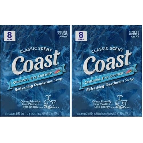 Coast Refreshing Deodorant Soap Bar - 8 Bars - Thick Rich Lather Leaves Your Body Feeling Energized And Clean - Classic Pacific Force Scent (Pack of 2)