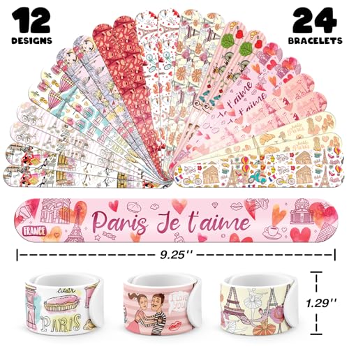 96 PCS Paris Party Favors Set ? 72 Pre-Cut Temporary Tattoos & 24 Slap Bracelets, Perfect for Romantic Birthdays & French-Themed Celebrations