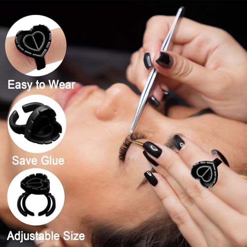 Black Glue Rings for Eyelash Extension,300PCS Smart Eyelash Glue Rings,Disposable Eyelash Glue Holder flower Glue Cups Rings, Heart Lash Rings Lash Glue Holder False Eyelashes Lash Extension Supplies