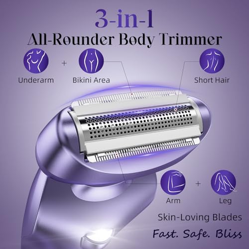 Cordless Electric Razors for Women: Rechargeable Painless Bikini Trimmer for Body Hair - IPX7 Waterproof Shaver with LED Display for Face/Underarm/Leg Deep Purple