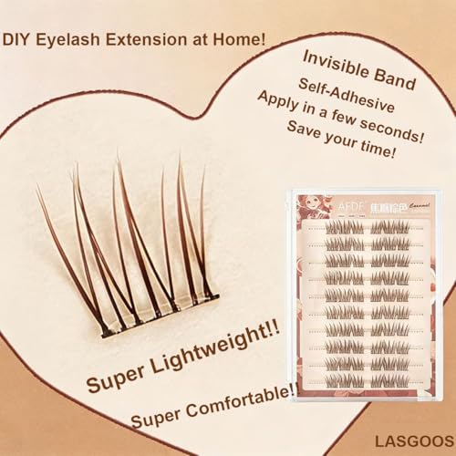 Brown Self Adhesive False Eyelashes 60 Clusters Press On Eyelash LASGOOS Natural Curl 3D Lash Individual 10-12mm Pre-Glued DIY Eyelash Extensions COSPLAY MANGA No Glue/Remover Needed Fake Lashes Idol