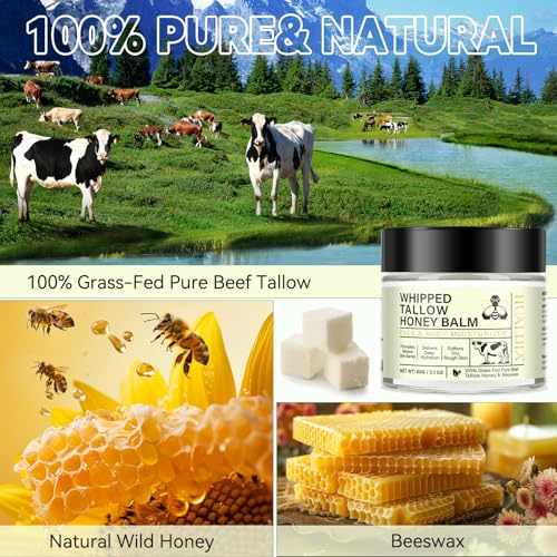 Beef Tallow for Skin, Organic Tallow and Honey Balm, Tallow Face Moisturizer, Grass Fed Whipped Beef Tallow with Honey Beeswax - Deeply Hydrates and Moisturizes Face Body, Unscent, No Greasy