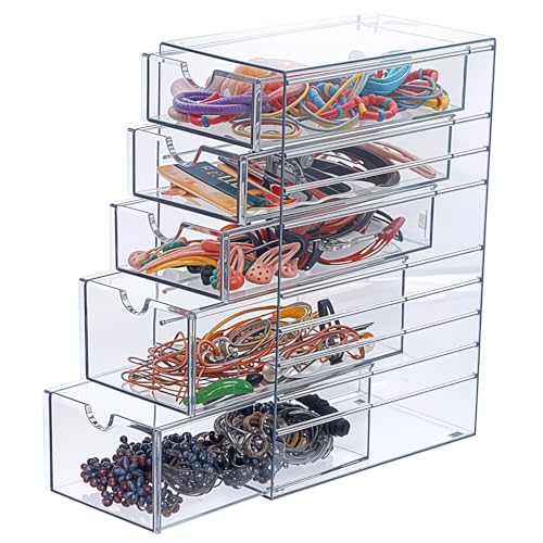 5-Drawers Plastic Storage Organizer, Clear Hair Accessories Organizer with Large Capacity, Plastic Clear Hair Accessories Storage with 5 Drawers for Bathroom, Dresser, Cosmetic