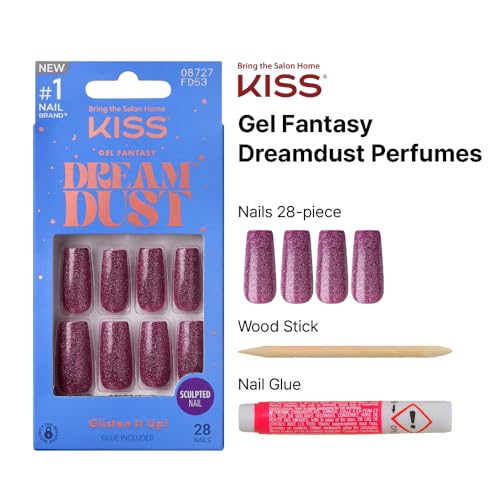 KISS False Nails Kit, Dreamdust Ready to Wear Gel Sculpted Nails, Stick and Glue Included, Long Length, Square Shape with Glitter Effect, Long-Lasting Hottest Trend Glue on Nails
