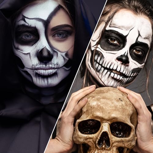 Black and White Face Paint Skeleton Makeup Kit Halloween Character Set for Kids Adults, Safe Non-Toxic Skull/Ghoul Face Painting Kit for Stage, Costume Parties, Dress Up Cosplay & Special FX Make-Up