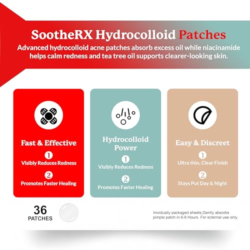 SootheRX Hydrocolloid Acne Patches for Face | Niacinamide Pimple Patch | Overnight Blemish & Acne Spot Treatment | Pimple Stickers for Covering Cheeks & Zit Patch for Face | 36 Count Transparent