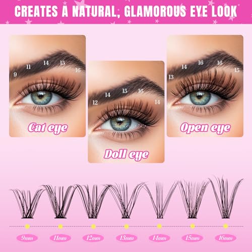 Lash Clusters Kit 320 Pcs DIY Individual Cluster Lashes D Curl Lash Extension Kit with Eyelash Bond and Seal, Remover, Tweezers Applicator Tool for False Eyelash Cluster Kit(30D, Mix9-16mm Kit)