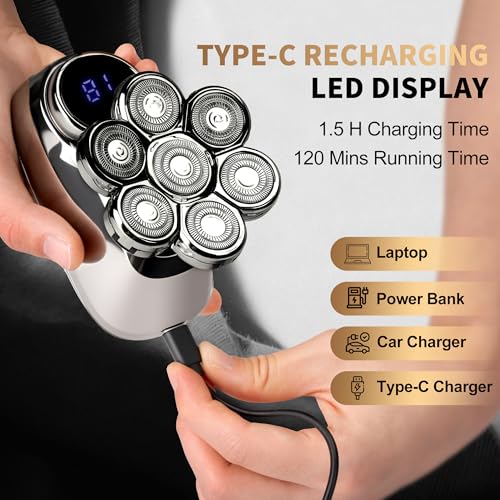 5-in-1 Electric Head Shaver for Bald Men in Gunmetal with LED Display, IPX7 Waterproof Grooming Kit, Turbo Speed Rotary Razor with Precision Blades for Wet & Dry Use