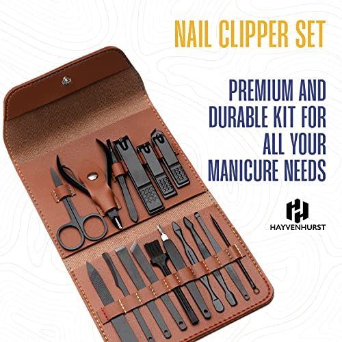 Nail Kit - Nail Clipper Set - Manicure Set -16 Stainless Steel Pieces Manicure Kit For Men¡¯s - Pedicure Kit For Men - Mens Grooming Kit With Brown Leather portable Case by Hayvenhurst