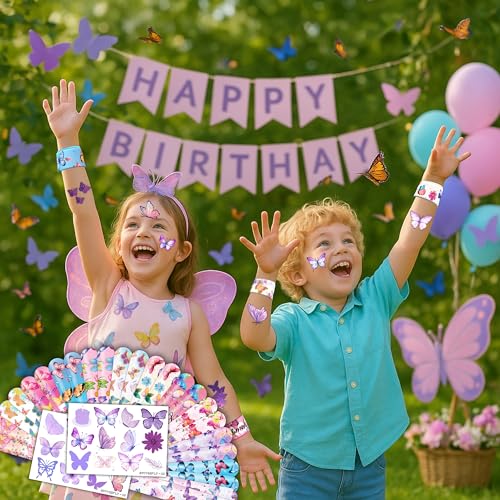 48 PCS Butterfly Party Set: 24 PCS Temporary Tattoos & 24 PCS Slap Bracelets - Cute Butterfly-Themed Gifts for Kids, Girls, Boys - Birthday Parties, Baby Showers, Classroom Rewards, Party Decorations