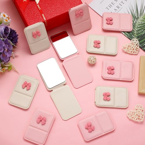 Amyhill 24 Pcs Party Favor Compact Fold Mini Mirror Preppy Bow Gift for Women Birthday Bridal Shower Bachelorette Graduation Party Supplies (Folding,Beige and Pink)