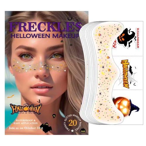 20 Pcs Halloween Face Gems Glitter Freckles Tattoos - Waterproof Face Jewels with Pumpkin Ghost Designs - Sparkling Face Makeup Stickers for Women, Kids, Party & Rave Supplies