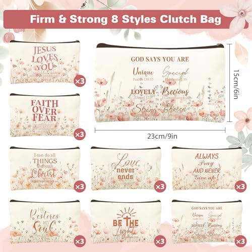 24 Pcs Christian Floral Makeup Bags Bulk for Women Bible Verse Cosmetic Bags with Zipper Inspirational Wildflower Canvas Travel Pouch Christian Gifts for Motivational Cosmetics Organizer Supplies