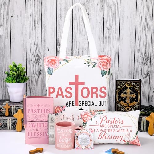 8 Pcs Pastor's Wife Appreciation Gifts Set Includes Leather Journal Pen Handbag Makeup Bag Mug Natural Stone Bracelet Bookmark Christian Faith Religious Gifts Mother's Day Thank You Gift
