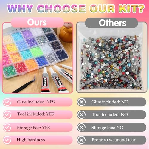 3mm Colorful DIY Resin Rhinestone Kit for Bedazzling, Multicolor Flatback Gems, 3Pcs 10ml B7000 Jewelry Glue for Bedazzled Nail Art Clothing Shoes Nail Book Diamond Art (24000)