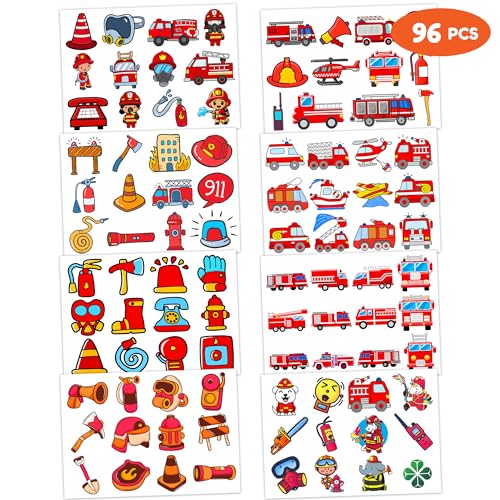 (96 PCS) Firefighter Fire Truck Fireman Temporary Tattoos Themed Birthday Party Decorations Favors Supplies Cute Tattoo Stickers For Children Boys Girls Games School Gifts Rewards Home Activity