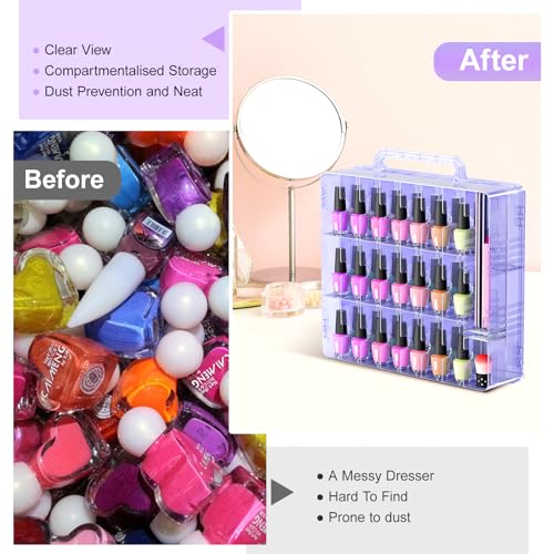 Beloving 2pcs Nail Polish Organizer, Portable 48 Bottles Clear Nail Polish Holder with Adjustable Divider, Gel Nail Polish Storage Double Side Nail Polish Organizer Case for Nail Tech Purple