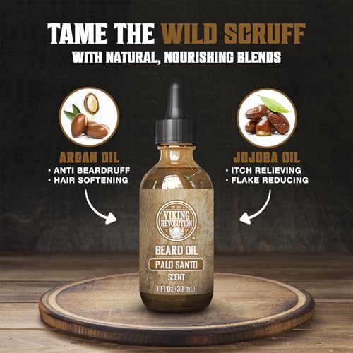 Viking Revolution Palo Santo Beard Balm for Men and Beard Oil Bundle - With Argan and Jojoba Oils - Soften and Moisturize your Beard