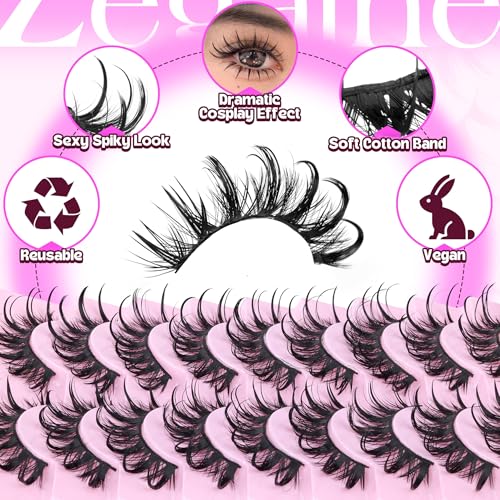 Manga Lashes Cat Eye Dramatic False Eyelashes Wet Look D-Curly Long Anime Lashes Strips Thai Style Manhua Lashes Strips Cosplay Eyelashes Wispy Spiky Lashes 12-20MM 9 Pairs by Zegaine