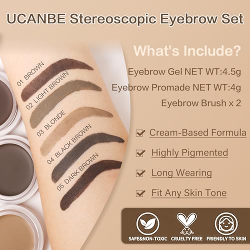 UCANBE Waterproof Eyebrow Gel + Eyebrow Styling Wax 2 in 1 Makeup Kit with 2 Pcs Dual-ended Adjustable Freely Eyebrow Brush Makeup Long Lasting Eyebrows (01 Gel/Brown Pomade, Standard)