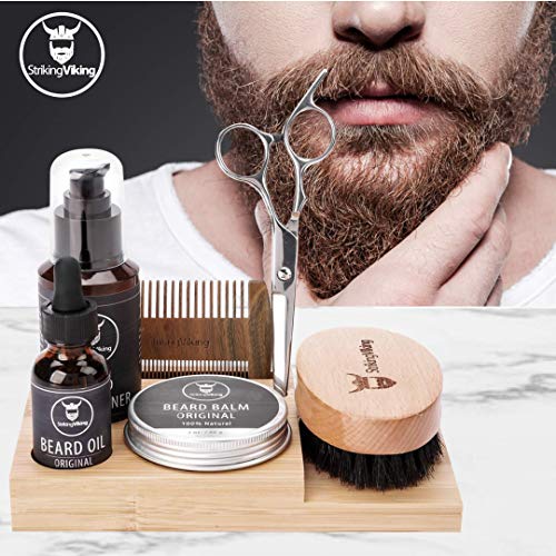 Striking Viking Bamboo Beard Kit for Men - 7.3 in x 4.5 in x 1 in - Portable Grooming Caddy Organizer for Beard Balm & Oil Products - With Scissors & Comb Brush Holder