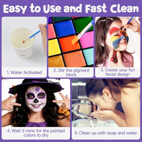 Face Painting Kit for Kids, 18 Colors Water Activated Face Paint with Brushes & Stencils, Non-Toxic Halloween Makeup Kit, Professional Face Body Paint for Halloween, Parties, Carnival, School Events