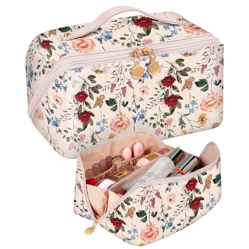 Bistup Makeup Bag Travel Cosmetic Bag Toiletry Make Up Bags Cute Women Large Capacity Big Medium Leather Flower Floral Aesthetic Girl Teen Teenage Foldable Expandable Open Flat Zip
