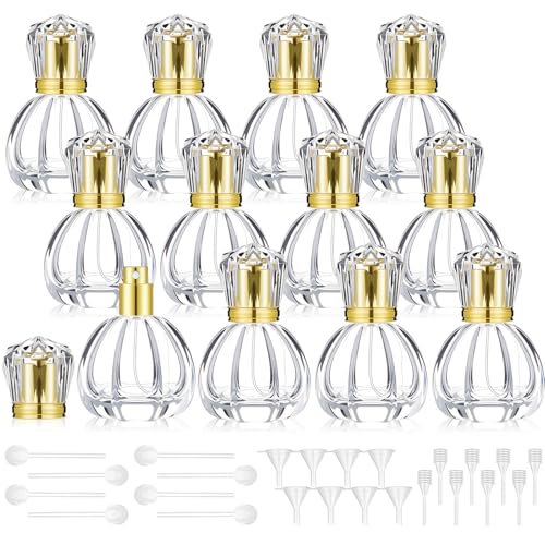 12 Pack 50ml/1.7oz Refillable Glass Perfume Spray Bottles, Empty Crystal Glass Fragrance Spray Bottles Bulk, Vintage Atomizer with Refill Tool for Travel, Home Decor(Pumpkin Gold)