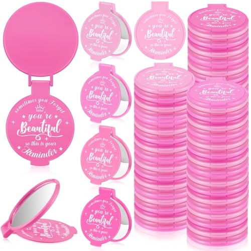 100 Pcs 2.76 Inch Inspirational Compact Mirror Bulk Women Small Gifts Graduation Party Favors Purse Mirror Pocket Mini Stuffer Items for Adult Coworker Cheerleader Employee (Pink Series)
