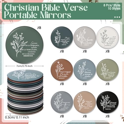 80 Pcs Christian Compact Mirrors Bulk Inspirational Bible Verse Pocket Mirror Mini Purse Makeup Mirrors Christian Religious Gifts for Women Coworker Church Easter Party Favor (Spanish Bible)