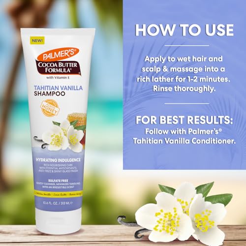 Palmer's Cocoa Butter Formula, Tahitian Vanilla Hair Shampoo,(10.6 Fl Oz), Hydrating & Moisturizing Shampoo with Vitamin E & Acacia Honey for Shine, Smoothness & Frizz Control, All Hair Types