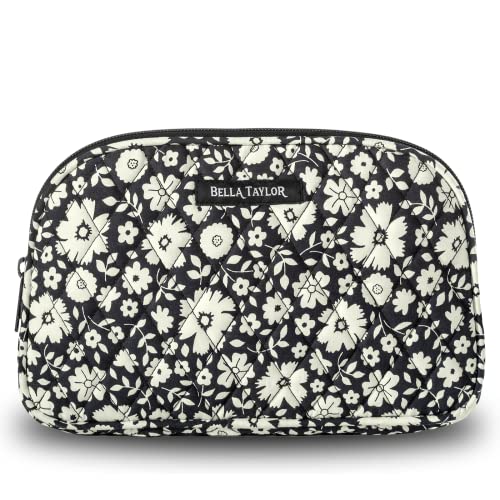 Bella Taylor Large Quilted Cotton Makeup Pouch for Women, Travel Cosmetic Bag, Quilted Cotton Bicolor Floral Black and Cream
