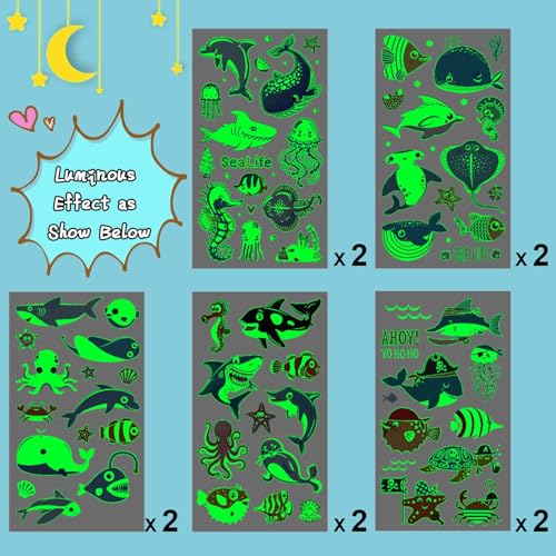 Partywind 130 Styles Luminous Shark Temporary Tattoos for Kids, Glow Shark Birthday Decorations Party Favors Supplies for Boys and Girls, Ocean Under Sea Fake Tattoo Stickers (10 Sheets)