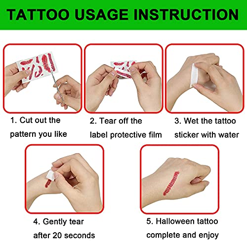 Face Body Horror Realistic Fake Scar Scab Waterproof Temporary Tattoos Sticker Halloween Fool's Day Zombie Masquerade Prank Makeup Props for Kids Adult Fun (8 Sheets)