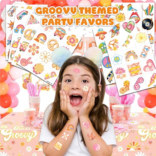 96 PCS Two Groovy Retro 60s 70s Pre-Cut Temporary Tattoos for Kids | Super Cute Themed Birthday Party Favors, Supplies, Decorations, Fake Tattoo Stickers (Multiple)