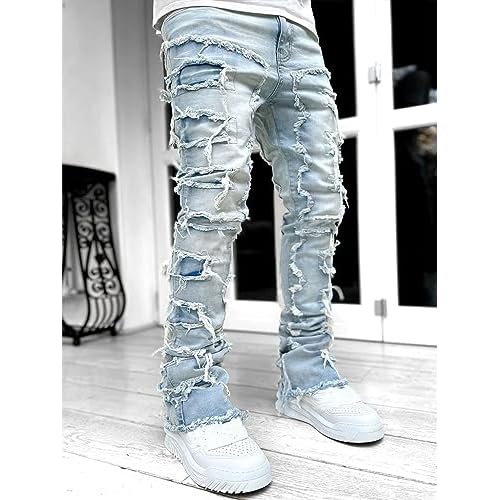 COOLMONAR Men's Ripped Distressed Destroyed Slim Fit Straight Leg Denim Jeans