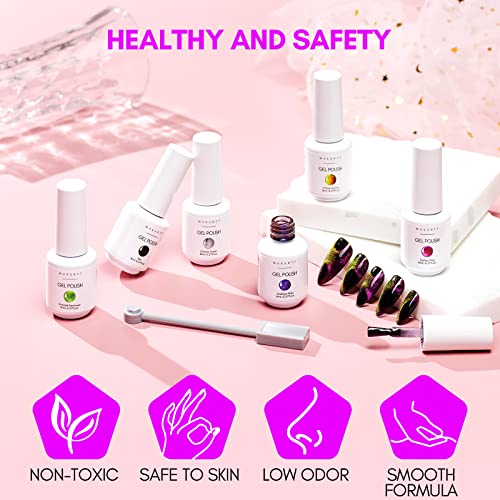 Makartt 9D Magnetic Cat Eye Gel Nail Polish Set, 6 Colors (Yellow, Purple, Silver, Rose Red, Green, Black Hole Effect) with Magnet Stick, 8ml ? Soak Off DIY Manicure & Nail Art Supplies