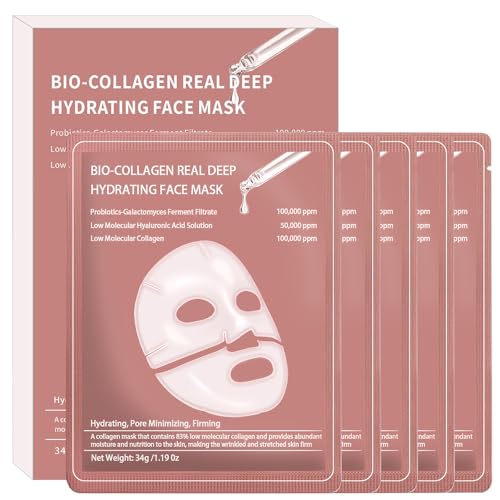 5PCS Bio-Collagen Face Mask, Bio-collagen Real Deep Mask, Collagen Mask Overnight, Hydrating Hydrogel Masks, Anti Aging, Firming, Elasticity Improvement, for All Skin Types, 1.19 Fl Oz