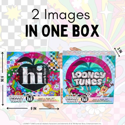Looney Tunes x Hi Peach Layne Premium Bath Gift Set in Lenticular Box, containing a10 fl oz Body Wash, 8 oz Body Cream, 4.5 oz Bath Bomb and a Friendship Loofah